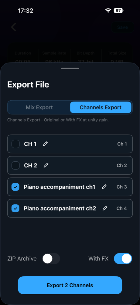 MultichRecord channel export panel with channel selection, naming, FX, and ZIP options