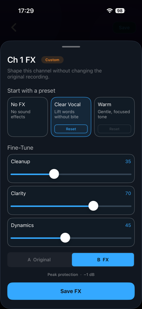 MultichRecord channel FX panel with presets, fine-tuning controls, and A/B comparison