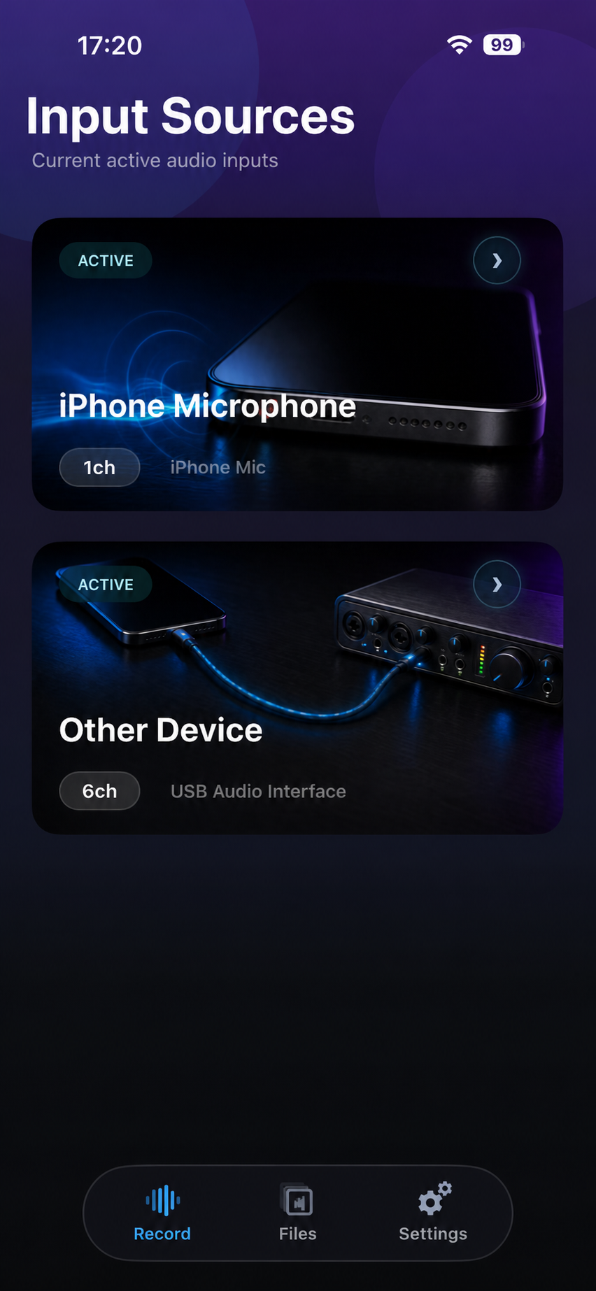 MultichRecord input source list showing the iPhone microphone and a six-channel USB audio interface