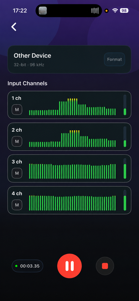 MultichRecord recording four independent input channels with live level meters