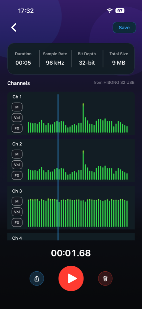 MultichRecord playback screen with aligned waveforms and channel controls